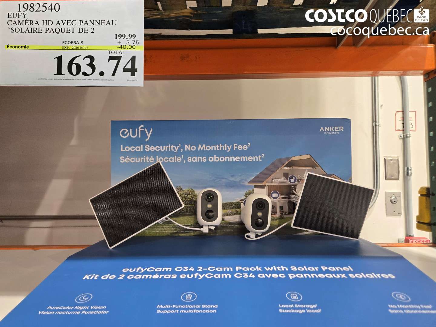1982540 EUFY CAMÉRA HD AVEC PANNEAU SOLAIRE PAQUET DE 2 ($40.00 INSTANT SAVINGS EXPIRES ON 2026-06-07) $163.74