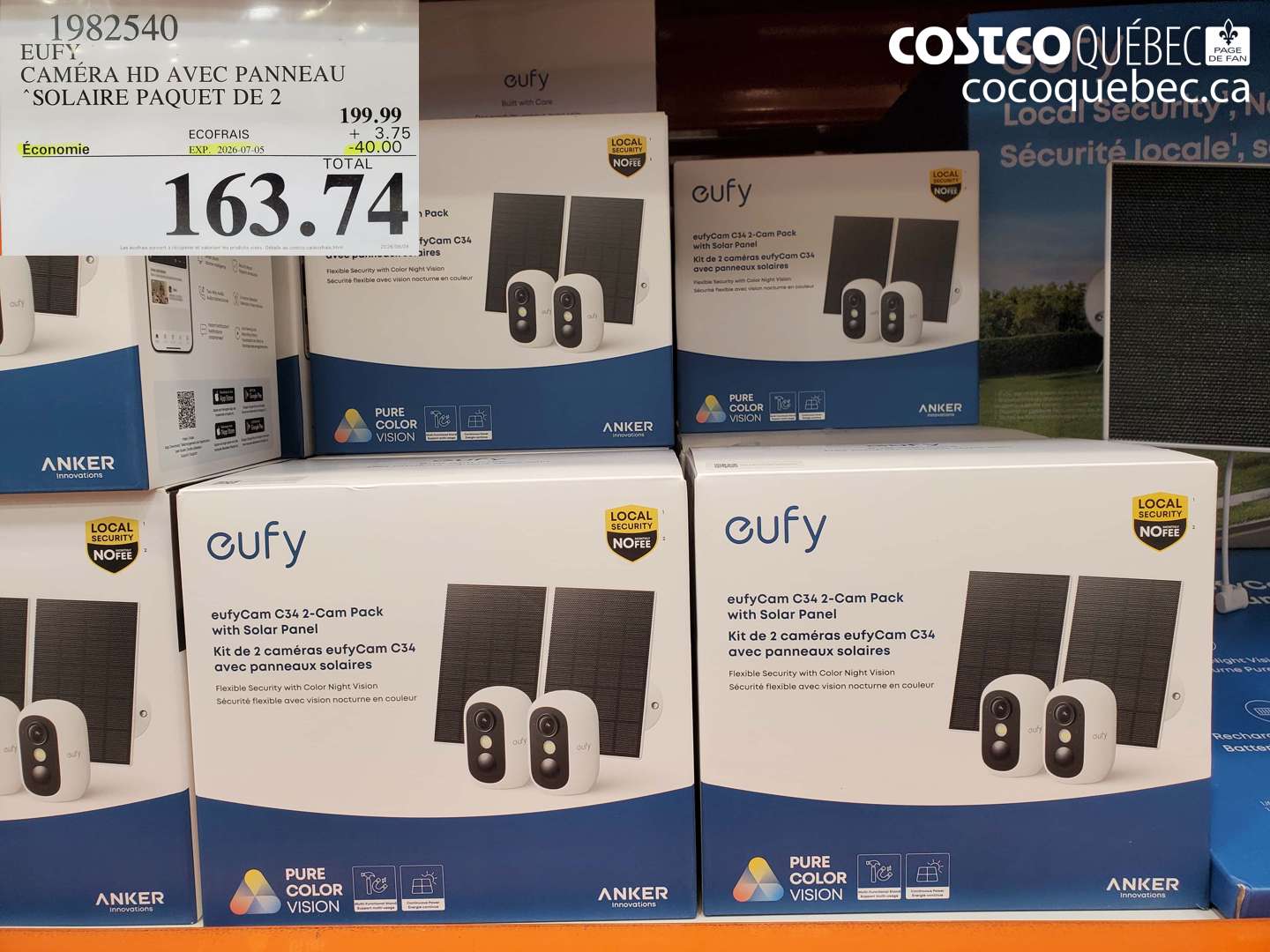 1982540 EUFY CAMÉRA HD AVEC PANNEAU SOLAIRE PAQUET DE 2 ($40.00 INSTANT SAVINGS EXPIRES ON 2026-07-05) $163.74