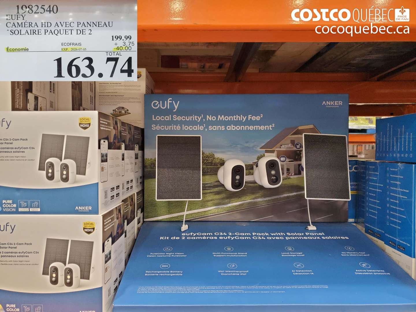 1982540 EUFY CAMÉRA HD AVEC PANNEAU SOLAIRE PAQUET DE 2 ($40.00 INSTANT SAVINGS EXPIRES ON 2026-07-05) $163.74