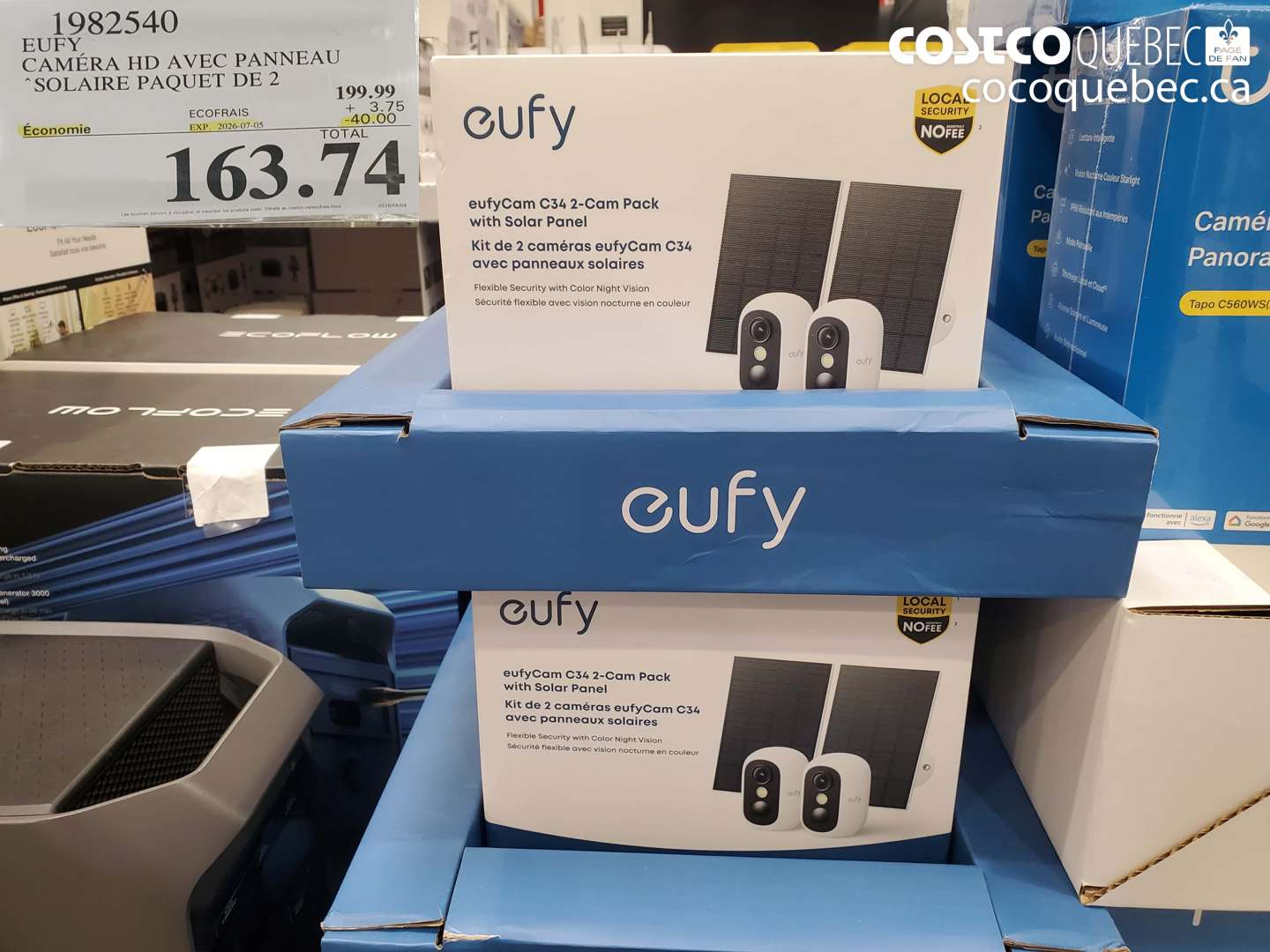 1982540 EUFY CAMÉRA HD AVEC PANNEAU SOLAIRE PAQUET DE 2 ($40.00 INSTANT SAVINGS EXPIRES ON 2026-07-05) $163.74