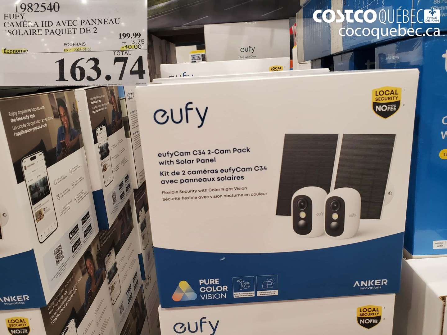 1982540 EUFY CAMÉRA HD AVEC PANNEAU SOLAIRE PAQUET DE 2 ($40.00 INSTANT SAVINGS EXPIRES ON 2026-07-05) $163.74