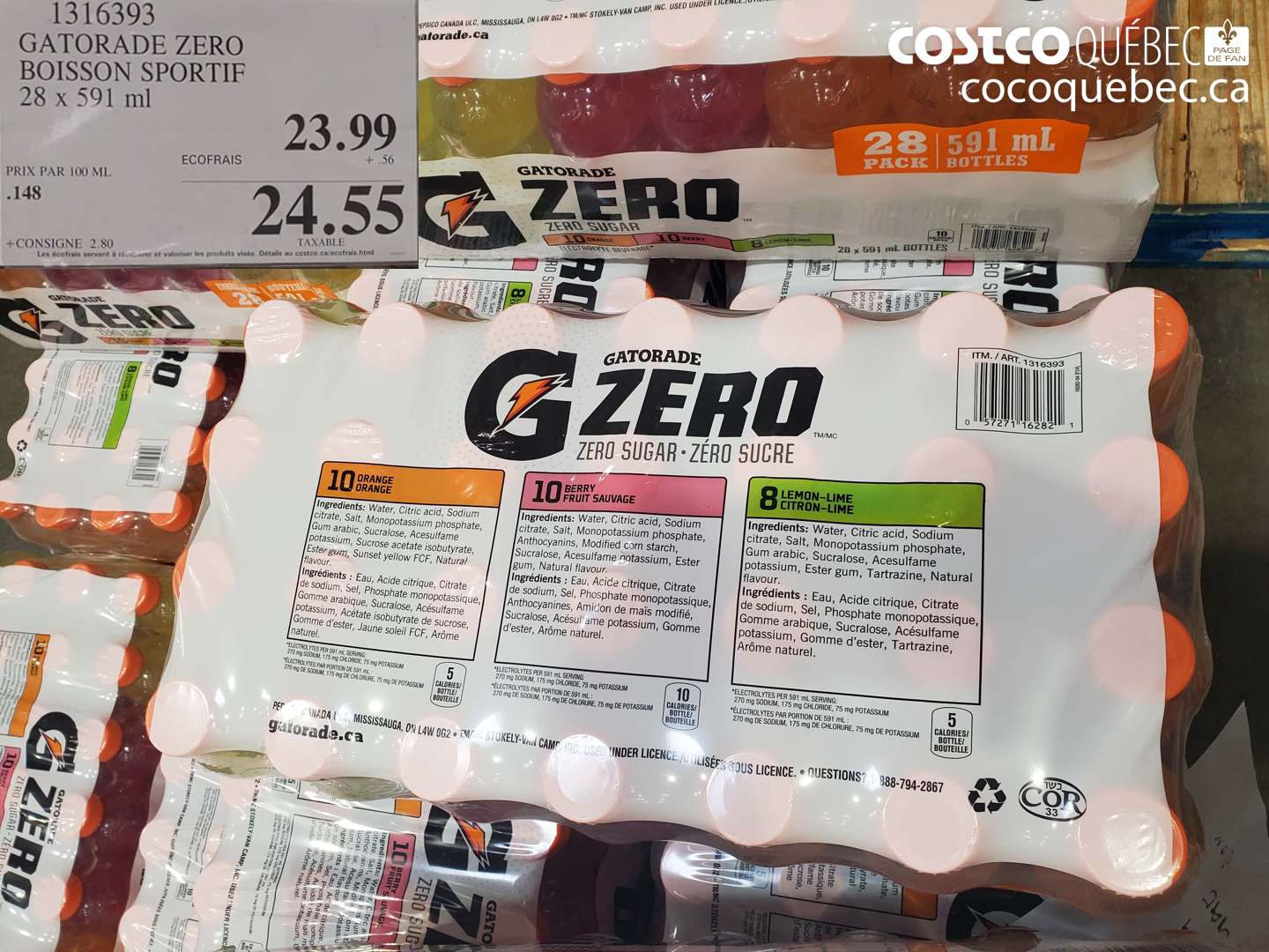 1316393 GATORADE ZERO BOISSON SPORTIF 28 X 591 ML $24.55