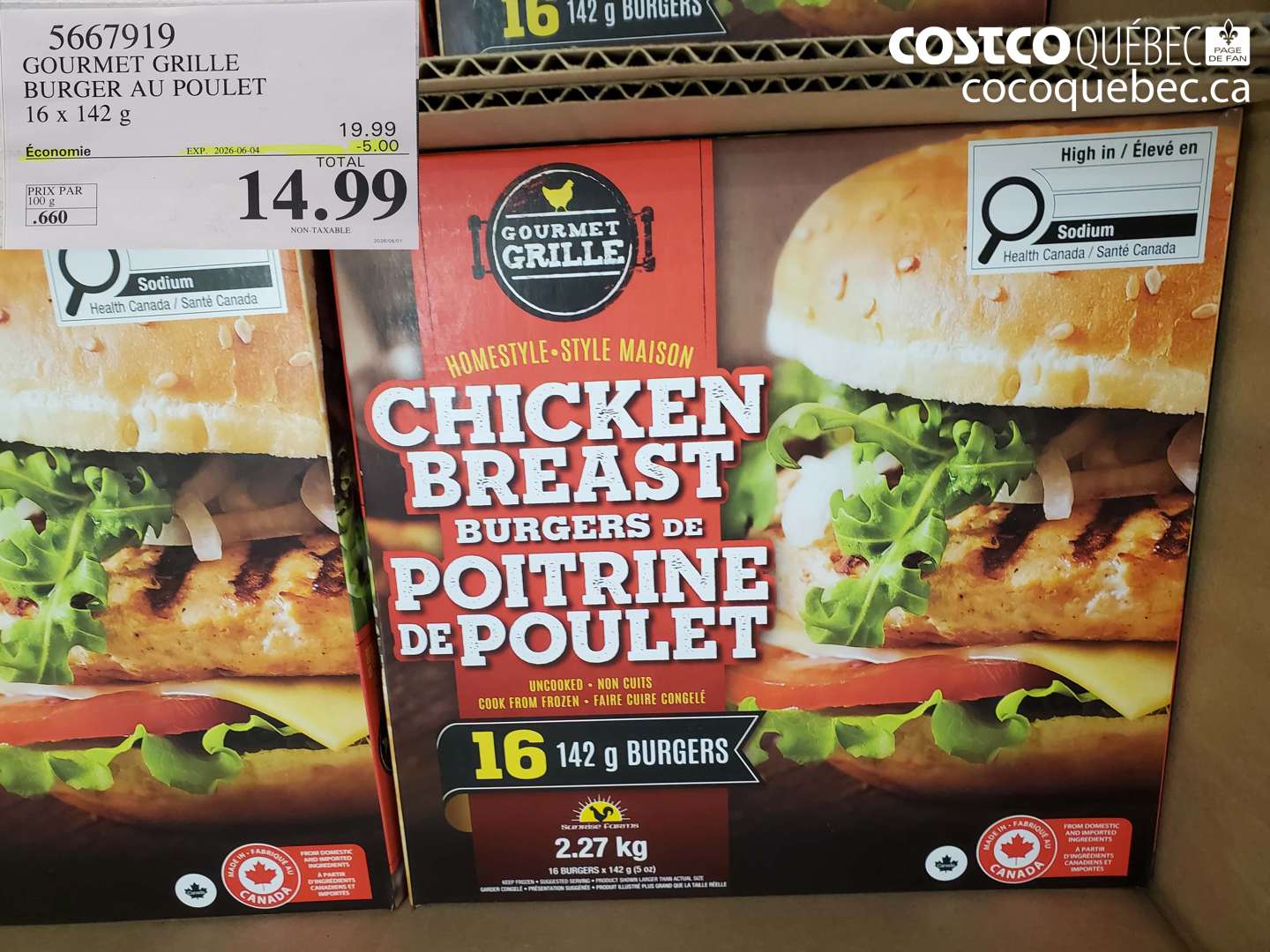 5667919 GOURMET GRILLE BURGER AU POULET 16 X 142 G ($5.00 INSTANT SAVINGS EXPIRES ON 2026-06-04) $14.99