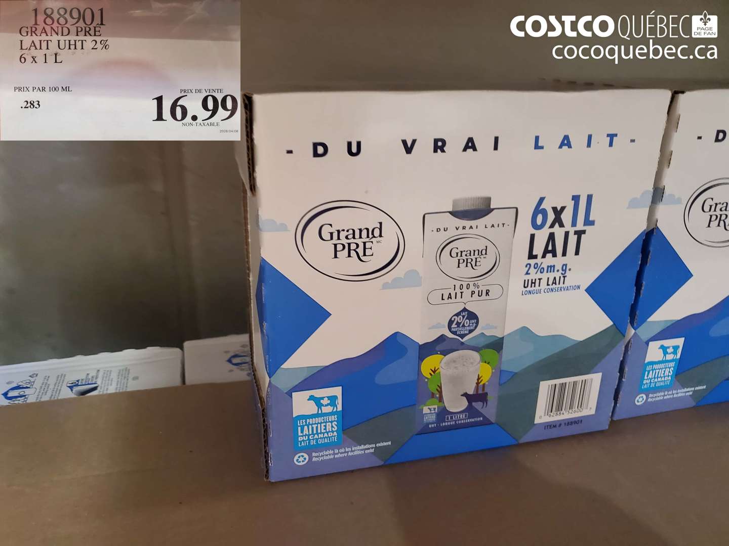 188901 GRAND PRÉ LAIT UHT 2% 6 X 1 L $16.99