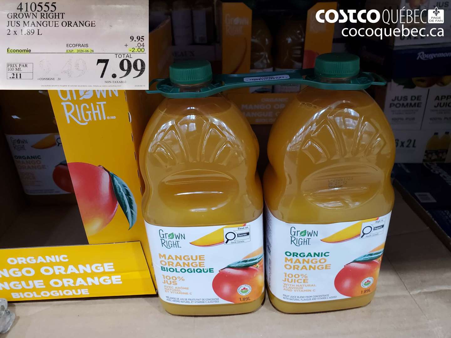 410555 GROWN RIGHT JUS MANGUE ORANGE 2 X 1.89 L ($2.00 INSTANT SAVINGS EXPIRES ON 2026-06-28) $7.99