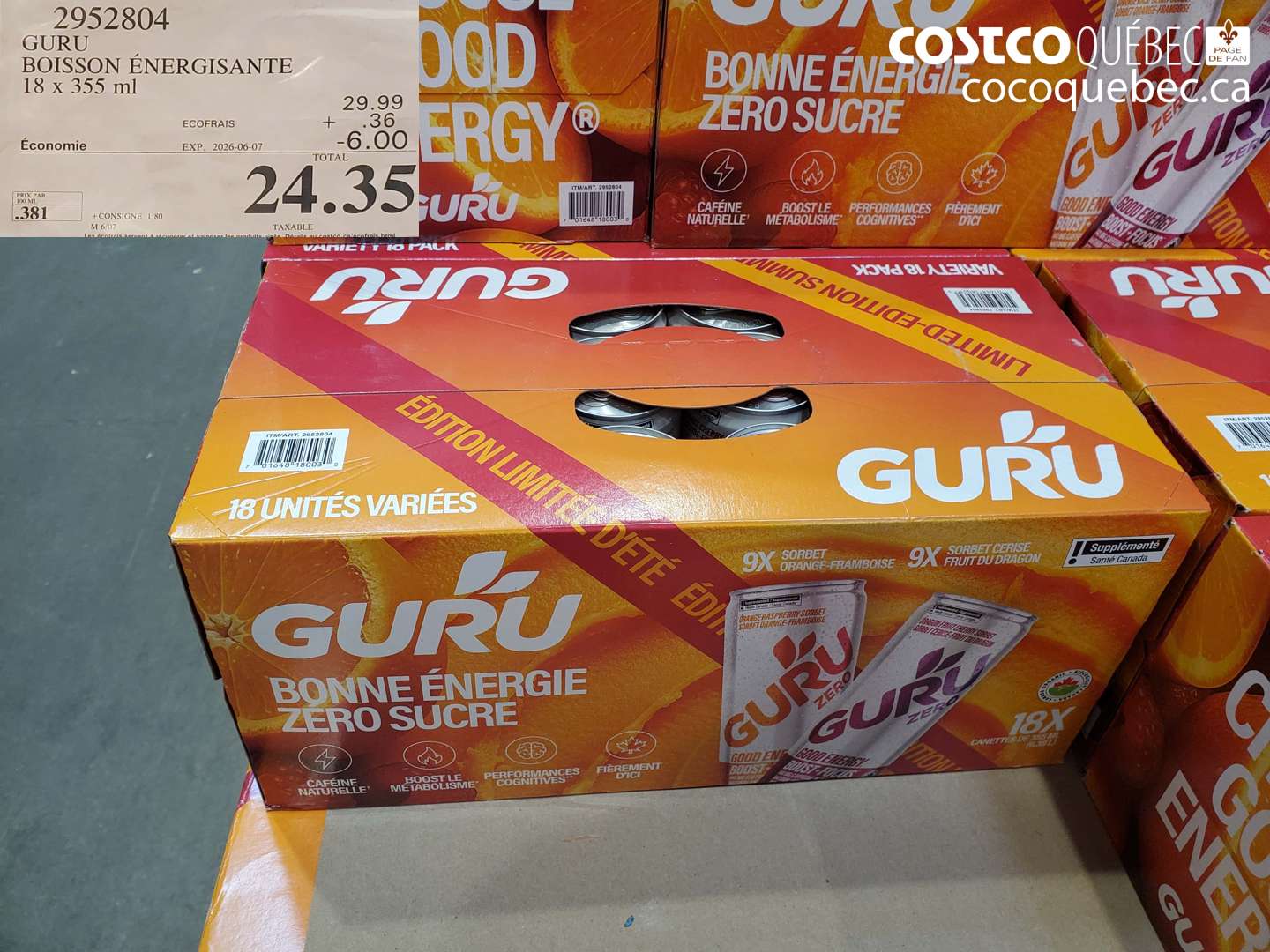 2952804 GURU BOISSON ÉNERGISANTE 18 X 355 ML ($6.00 INSTANT SAVINGS EXPIRES ON 2026-06-07) $24.35