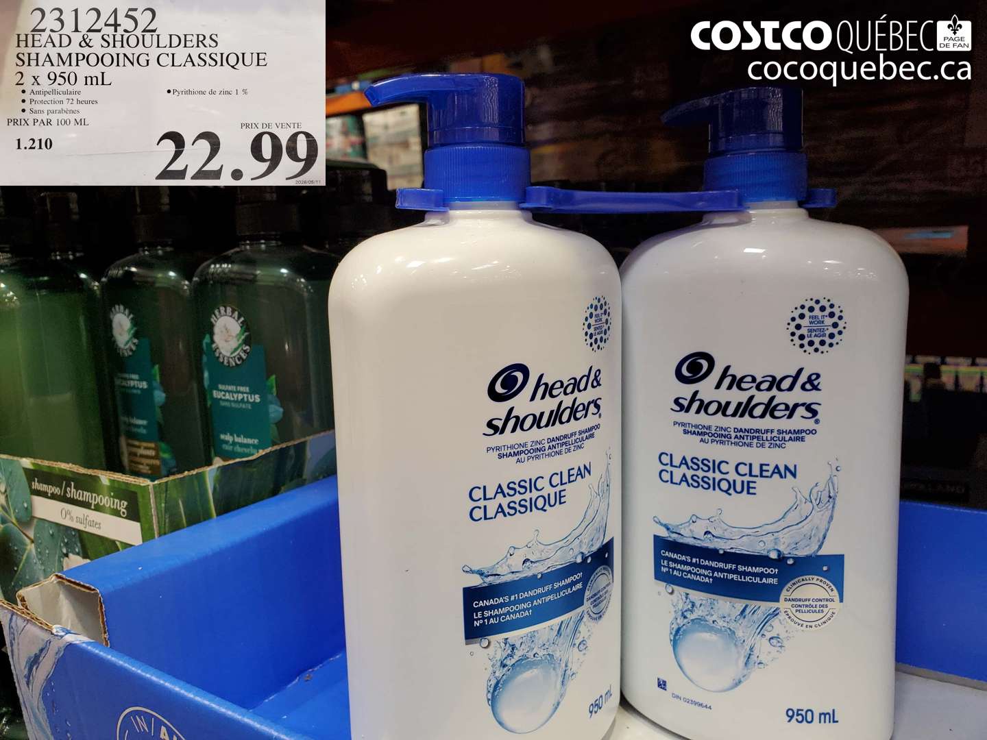 2312452 HEAD & SHOULDERS SHAMPOOING CLASSIQUE 2 X 950 ML $22.99