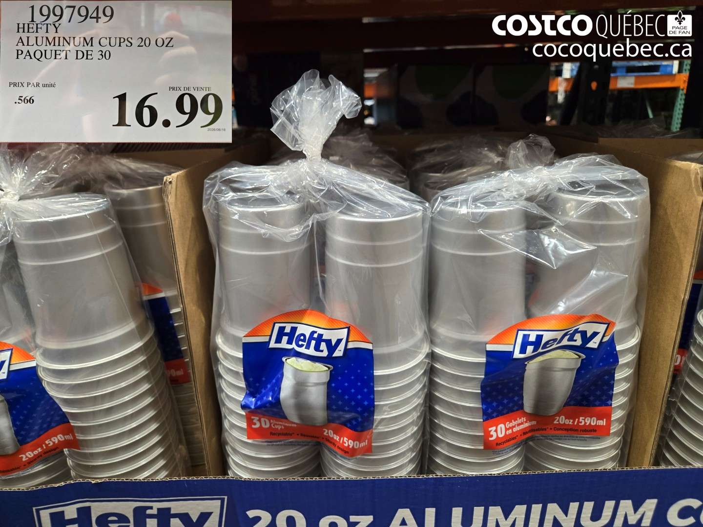 1997949 HEFTY ALUMINUM CUPS 20 OZ PAQUET DE 30 $16.99