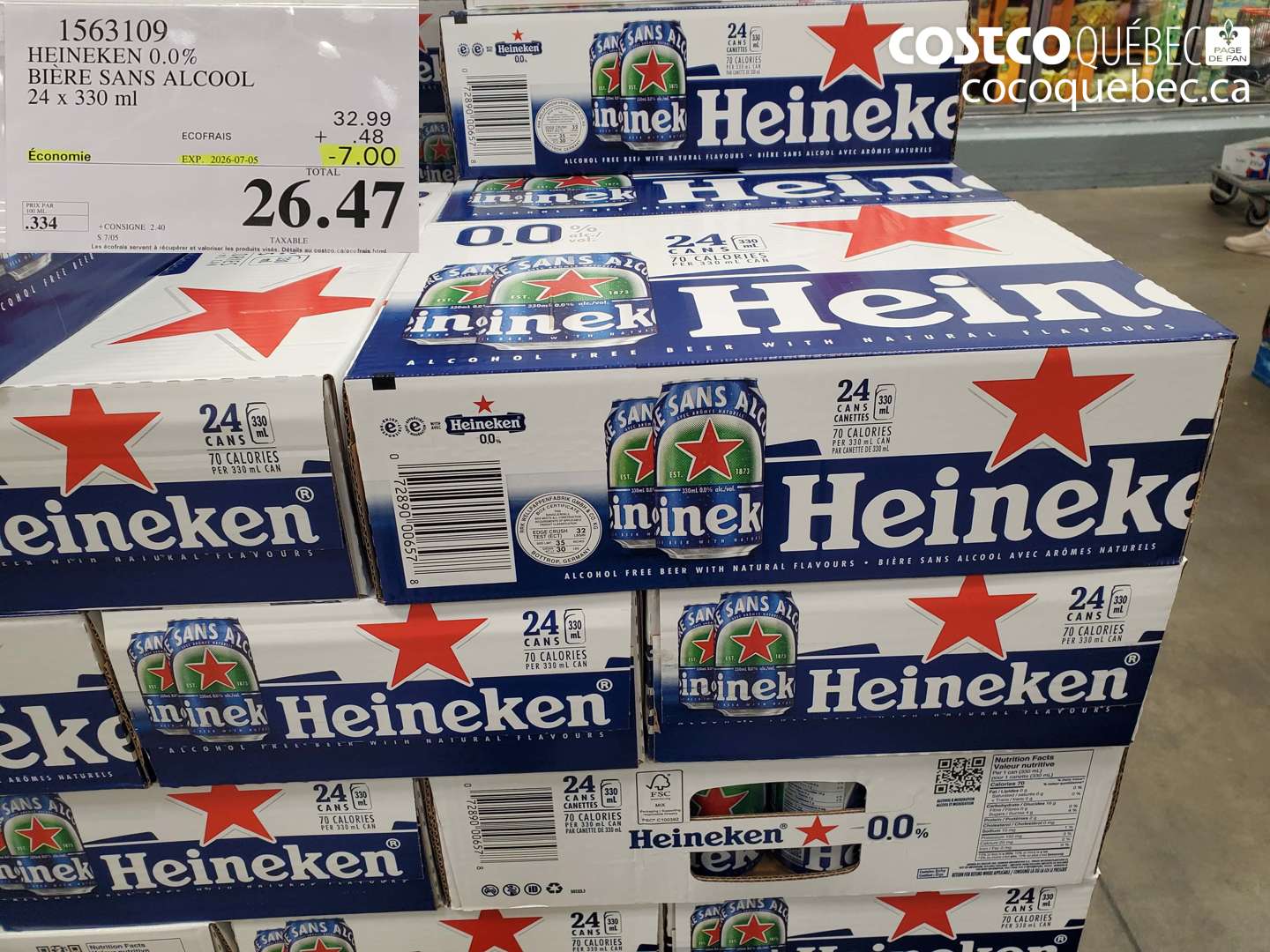 1563109 HEINEKEN 0.0% BIÈRE SANS ALCOOOL 24 X 330 ML ($7.00 INSTANT SAVINGS EXPIRES ON 2026-07-05) $26.47