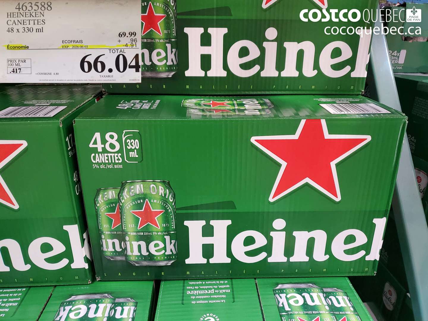 463588 HEINEKEN CANETTES 48 X 330 ML ($4.91 INSTANT SAVINGS EXPIRES ON 2026-06-03) $66.04