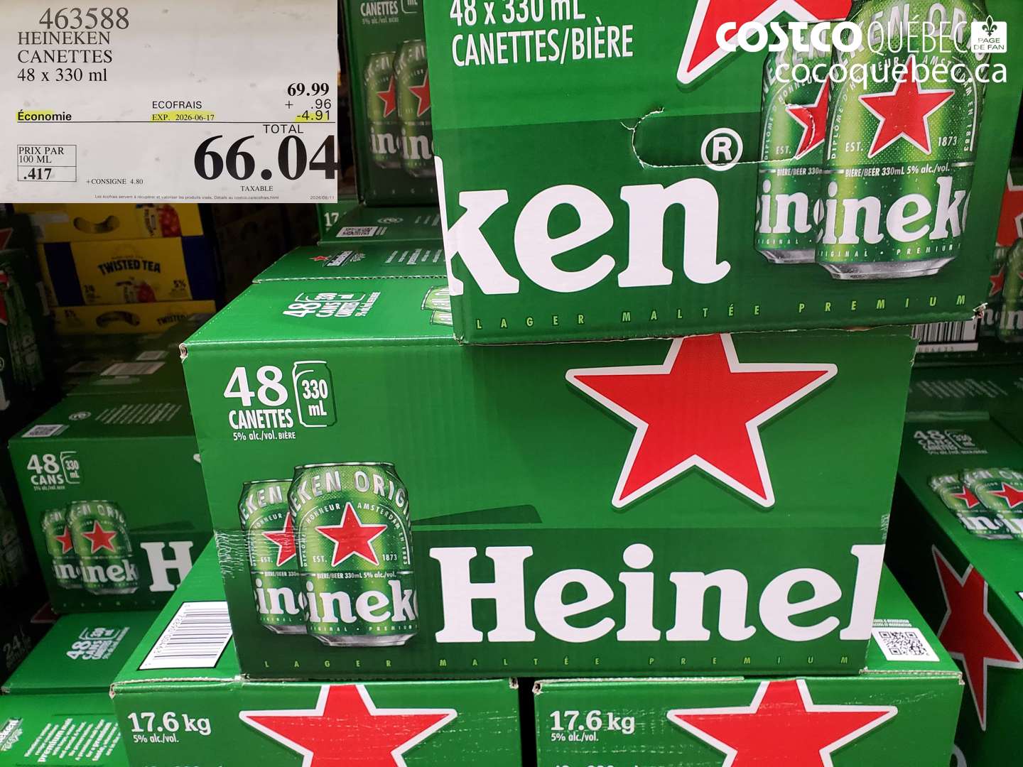 463588 HEINEKEN CANETTES 48 X 330 ML ($4.91 INSTANT SAVINGS EXPIRES ON 2026-06-17) $66.04