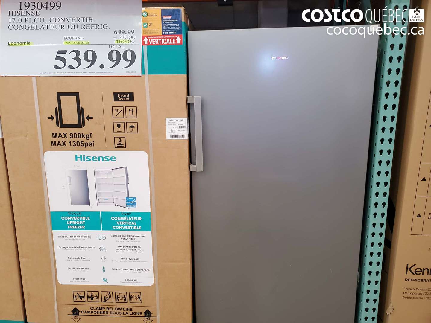 1930499 HISENSE 17.0 PI.CU. CONVERTIB. CONGÉLATEUR OU REFRIG. ($150.00 INSTANT SAVINGS EXPIRES ON 2026-07-05) $539.99
