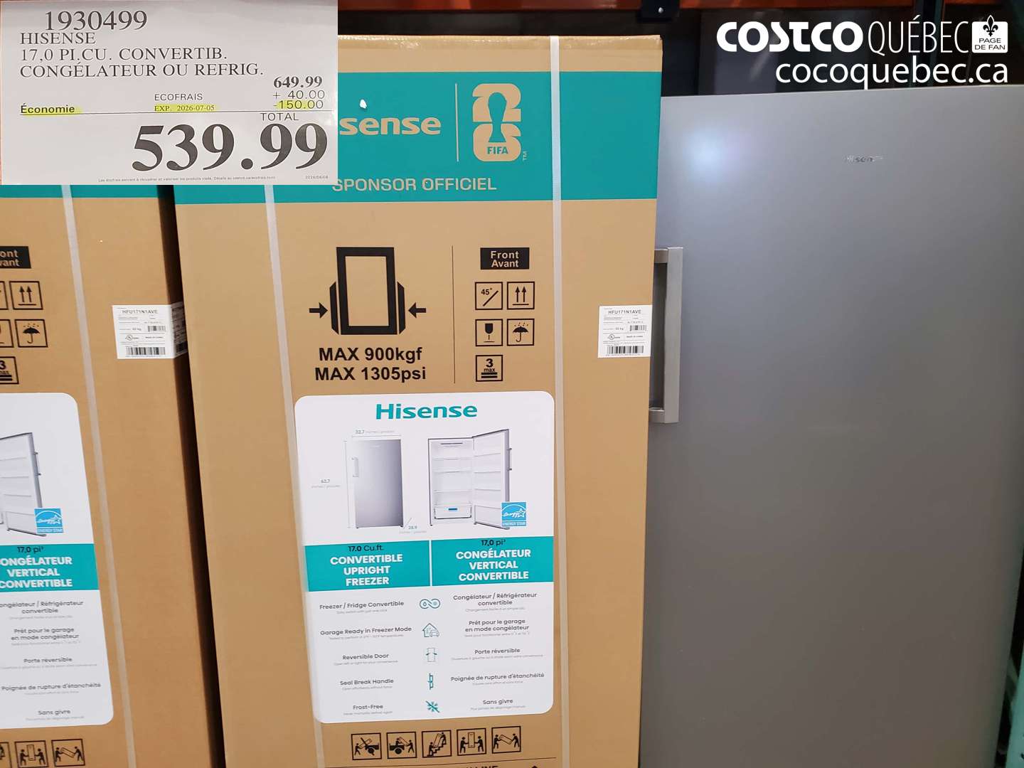 1930499 HISENSE 17.0 PI.CU. CONVERTIB. CONGÉLATEUR OU REFRIG. ($150.00 INSTANT SAVINGS EXPIRES ON 2026-07-05) $539.99