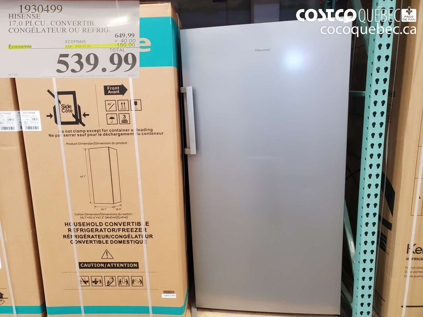 1930499 HISENSE 17.0 PI.CU. CONVERTIB. CONGELATEUR OU REFRIG. ($150.00 INSTANT SAVINGS EXPIRES ON 2026-07-05) $539.99