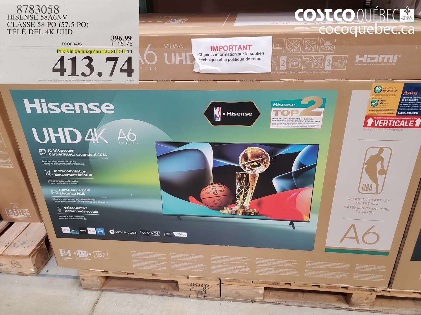 8783058 HISENSE 58A6NV CLASSE 58 PO (57.5 PO) TÉLÉ DEL 4K UHD (EXPIRES ON 2026-06-11) $413.74