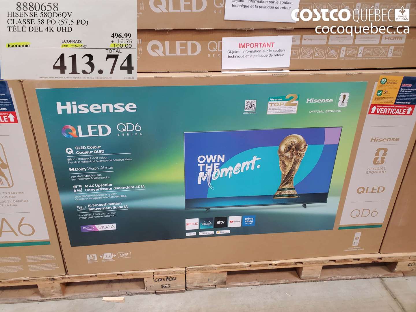 8880658 HISENSE 58QD6QV CLASSE 58 PO (57.5 PO) TÉLÉ DEL 4K UHD ($100.00 INSTANT SAVINGS EXPIRES ON 2026-07-05) $413.74