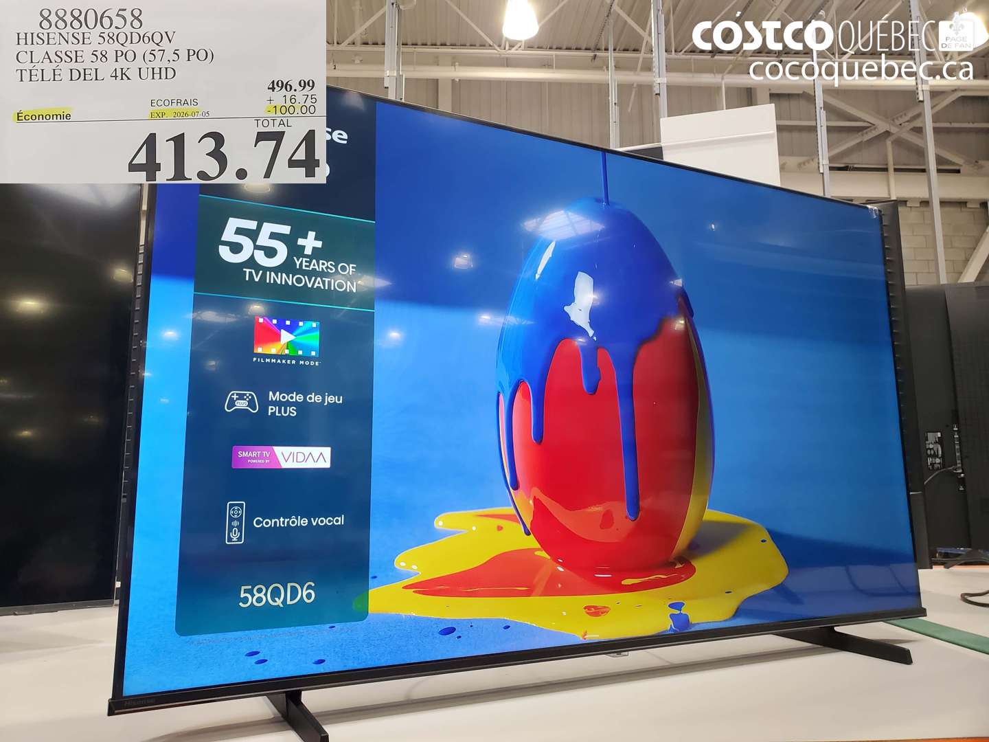 8880658 HISENSE 58QD6QV CLASSE 58 PO (57.5 PO) TÉLÉ DEL 4K UHD ($100.00 INSTANT SAVINGS EXPIRES ON 2026-07-05) $413.74