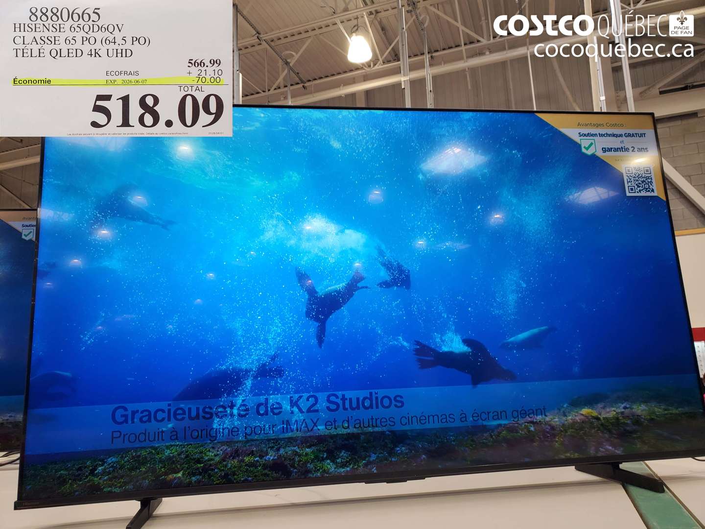 8880665 HISENSE 65QD6QV CLASSE 65 PO (64.5 PO) TÉLÉ QLED 4K UHD ($70.00 INSTANT SAVINGS EXPIRES ON 2026-06-07) $518.09