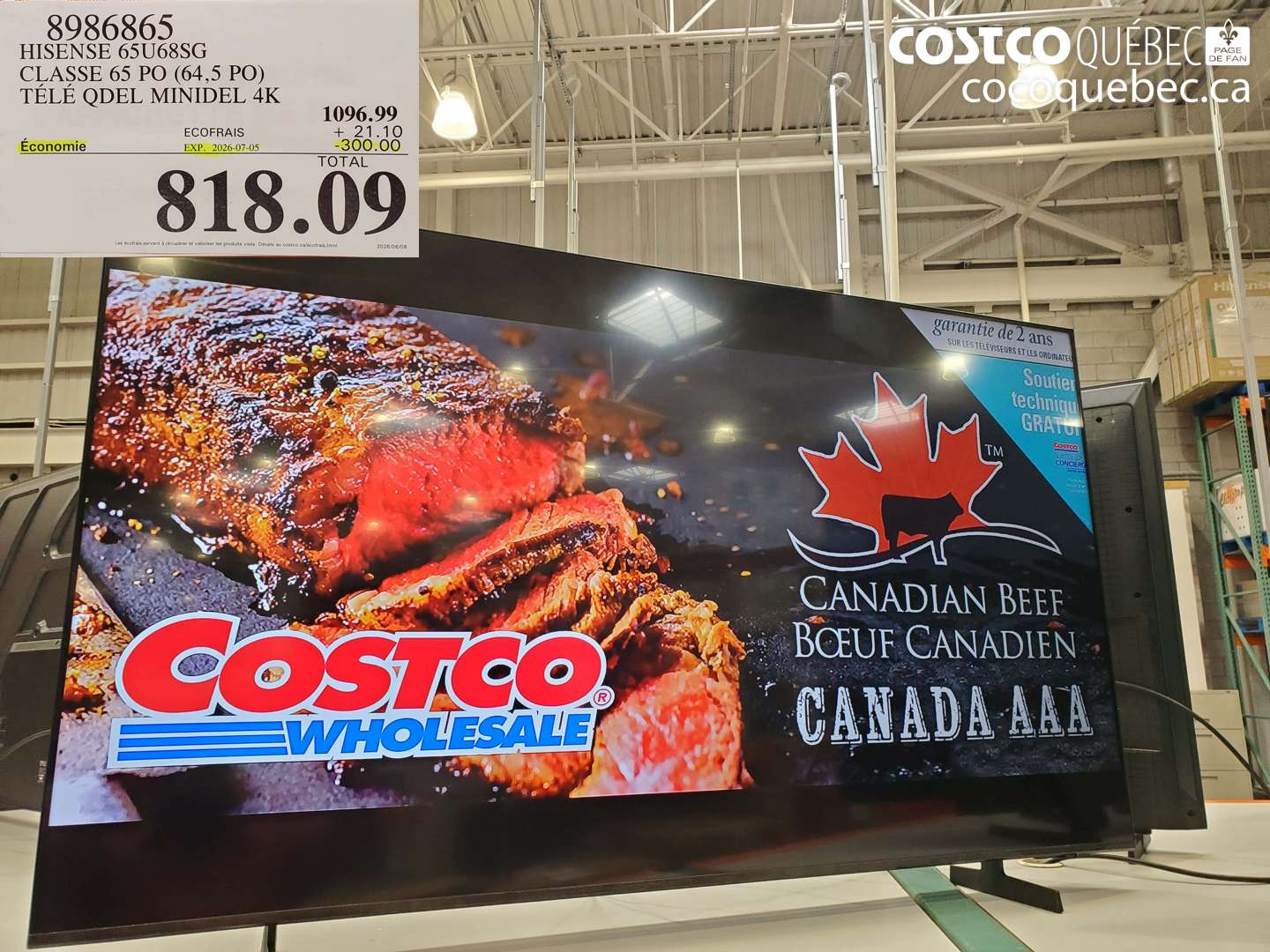 8986865 HISENSE 65U68SG CLASSE 65 PO (64.5 PO) TÉLÉ QDEL MINIDEL 4K ($300.00 INSTANT SAVINGS EXPIRES ON 2026-07-05) $818.09