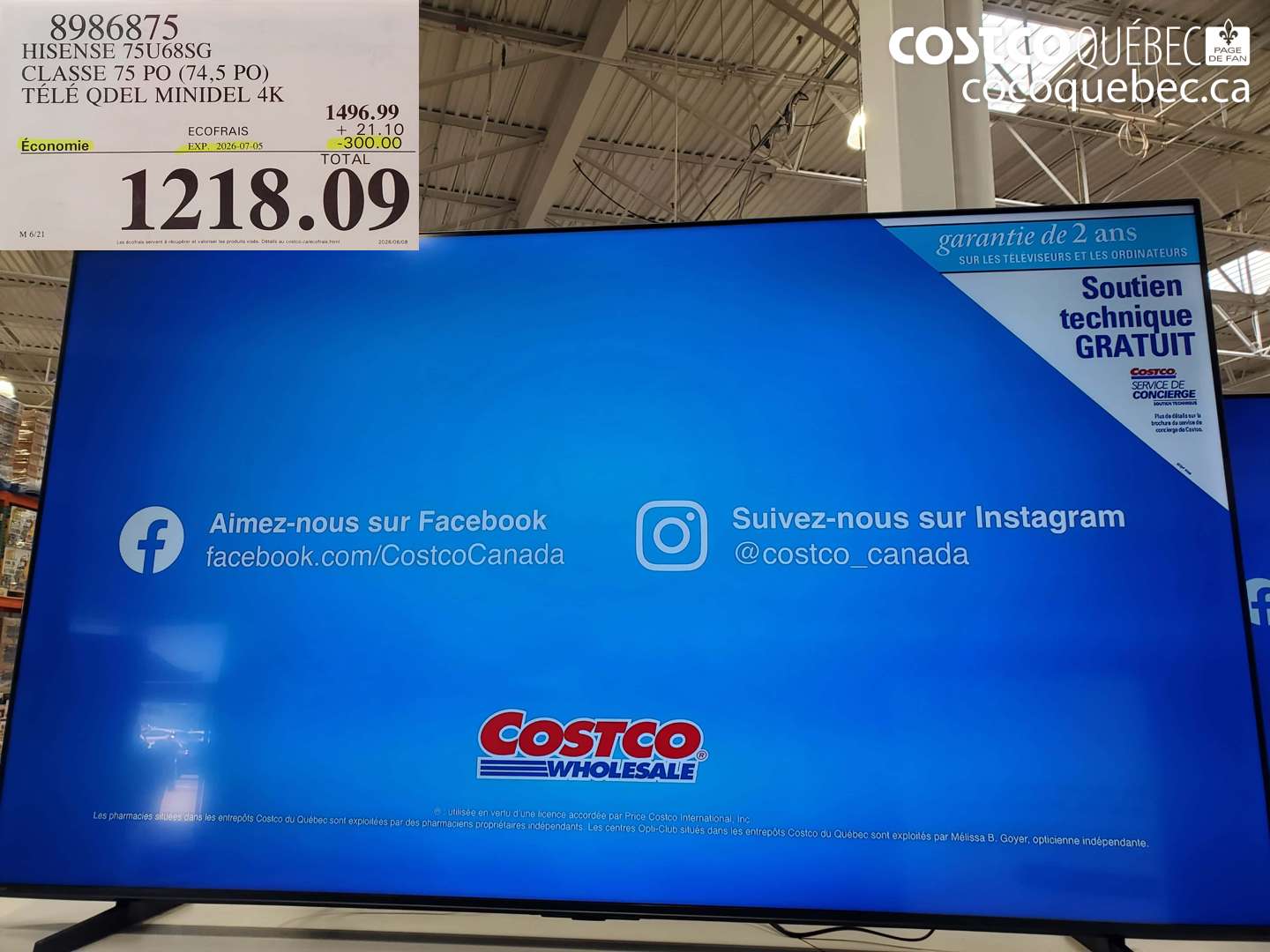 8986875 HISENSE 75U68SG CLASSE 75 PO (74.5 PO) TÉLÉ QDEL MINIDEL 4K ($300.00 INSTANT SAVINGS EXPIRES ON 2026-07-05) $1218.09