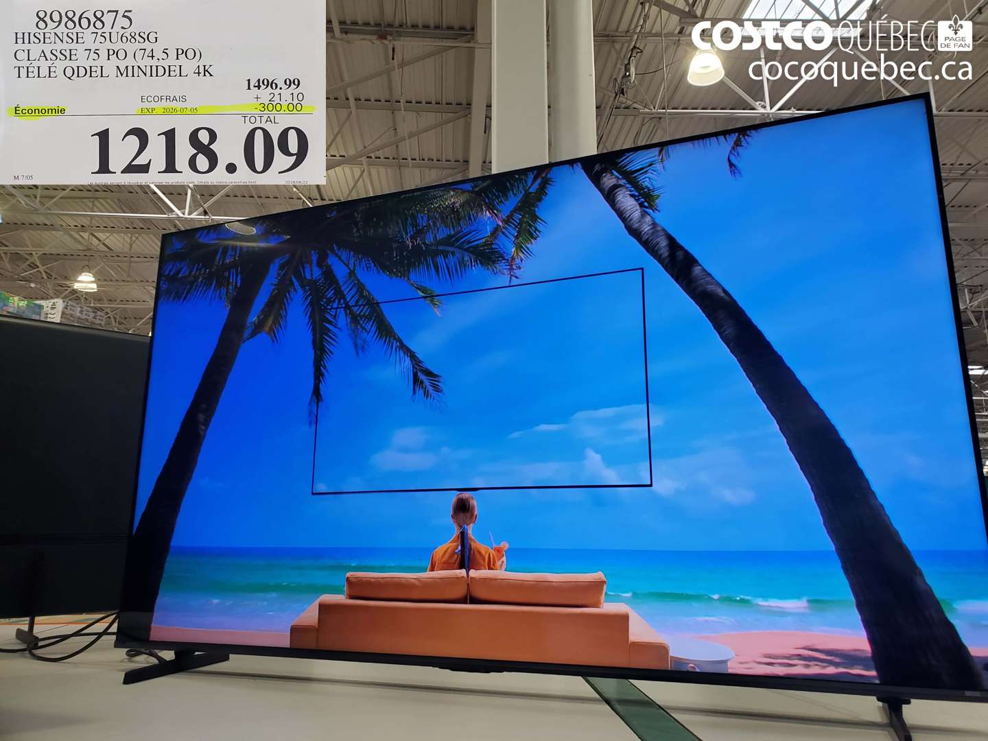8986875 HISENSE 75U68SG CLASSE 75 PO (74.5 PO) TÉLÉ QDEL MINIDEL 4K ($300.00 INSTANT SAVINGS EXPIRES ON 2026-07-05) $1218.09