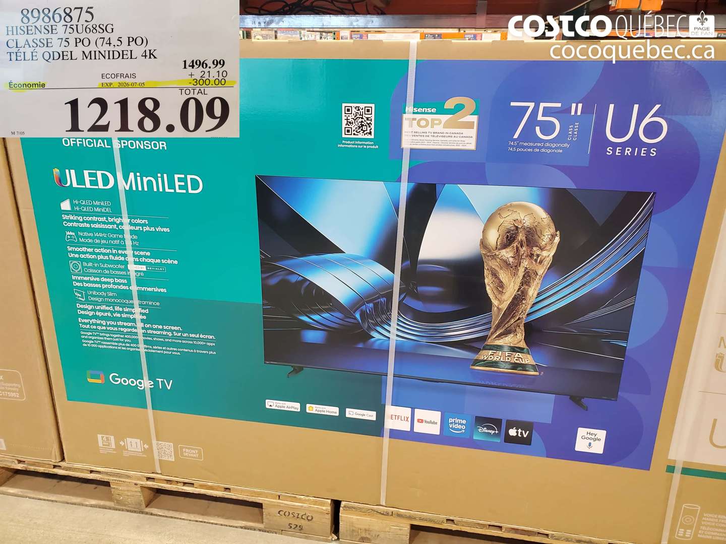 8986875 HISENSE 75U68SG CLASSE 75 PO (74.5 PO) TÉLÉ QDEL MINIDEL 4K ($300.00 INSTANT SAVINGS EXPIRES ON 2026-07-05) $1218.09