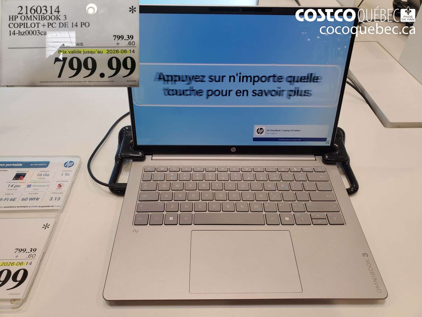 2160314 HP OMNIBOOK 3 COPILOT + PC DE 14 PO 14-HZ0003CA (EXPIRES ON 2026-06-14) $799.99
