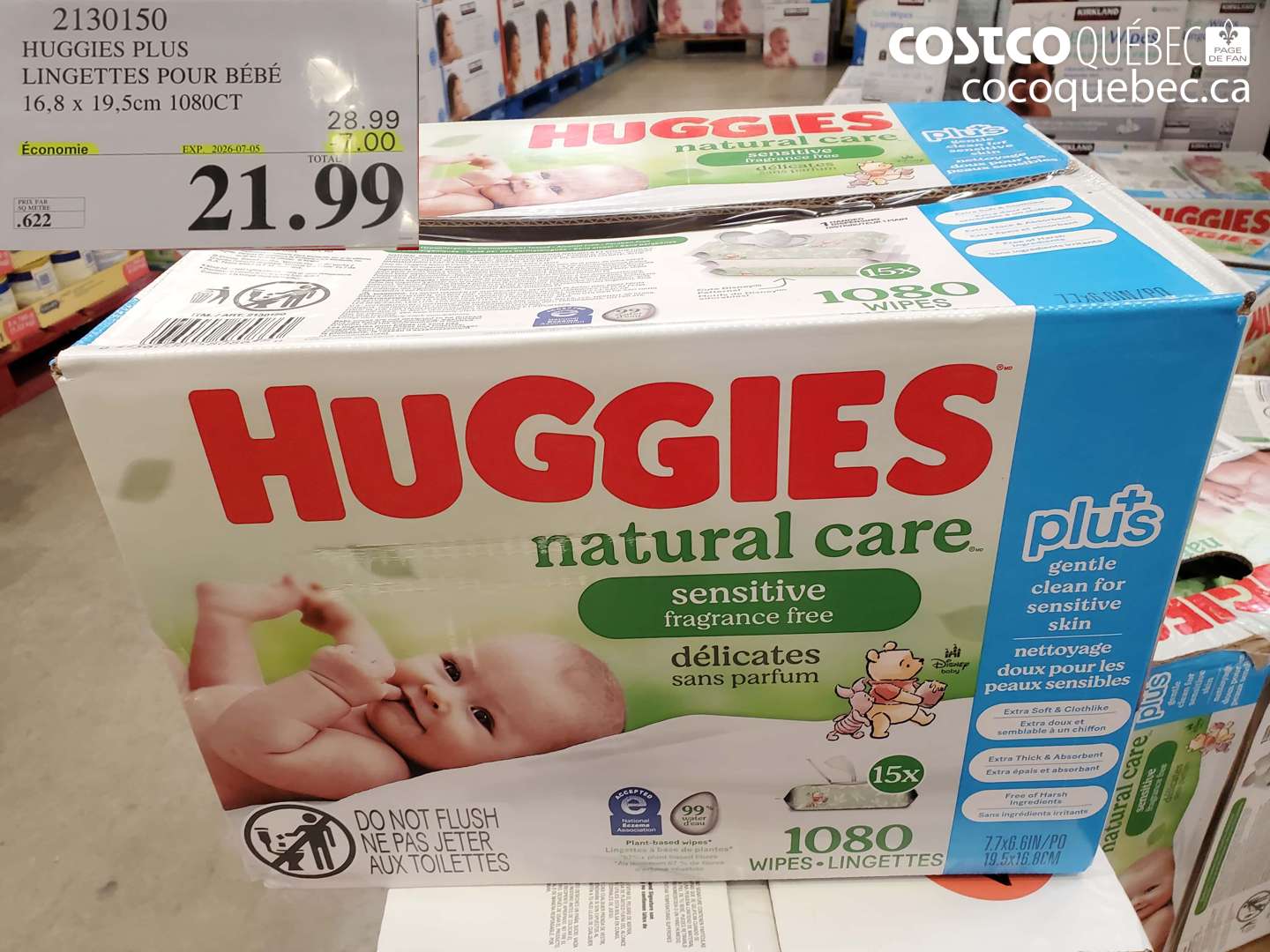 2130150 HUGGIES PLUS LINGETTES POUR BÉBÉ 16.8 X 19.5CM 1080CT ($7.00 INSTANT SAVINGS EXPIRES ON 2026-07-05) $21.99