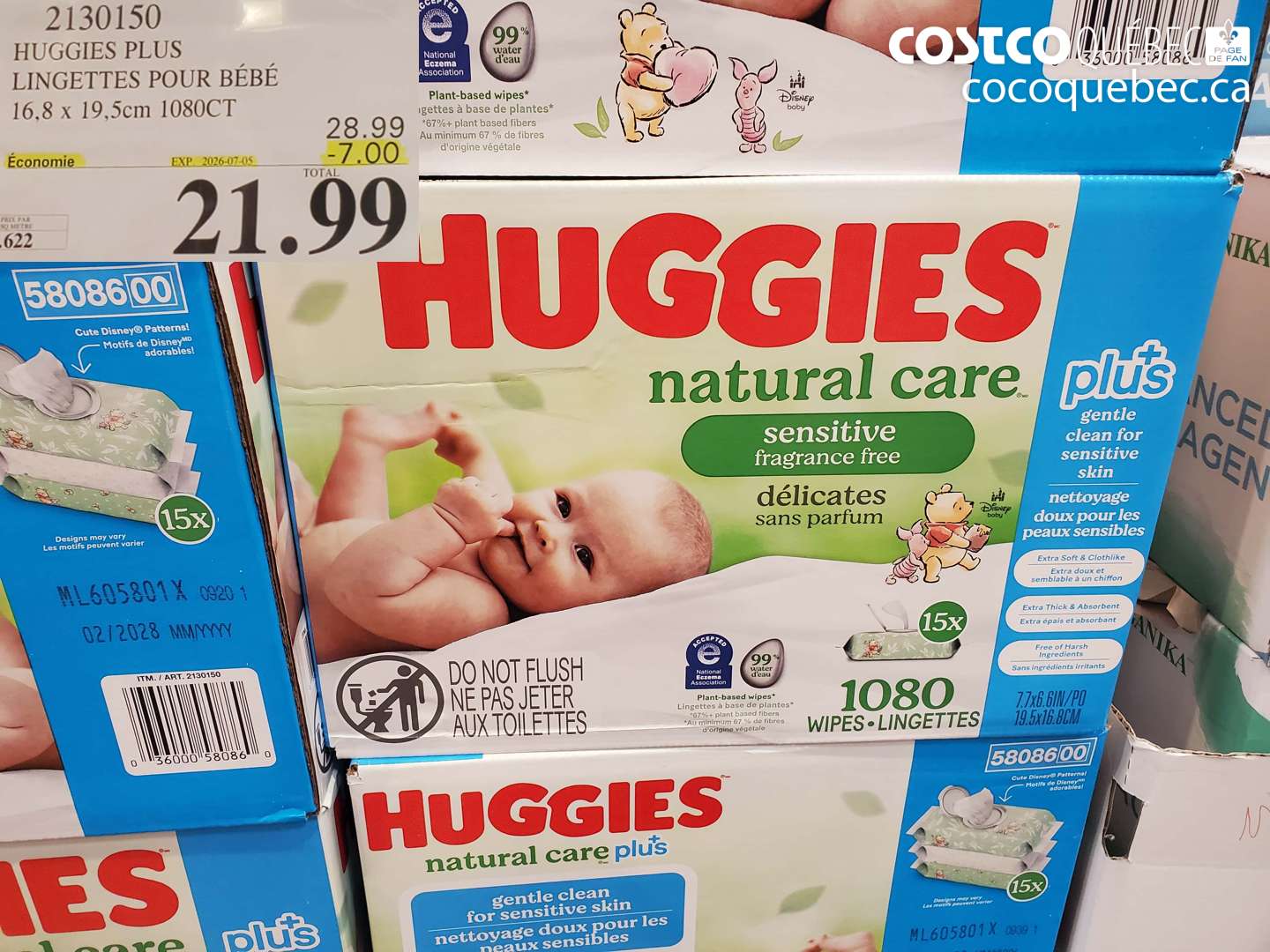 2130150 HUGGIES PLUS LINGETTES POUR BÉBÉ 16.8 X 19.5CM 1080CT ($7.00 INSTANT SAVINGS EXPIRES ON 2026-07-05) $21.99