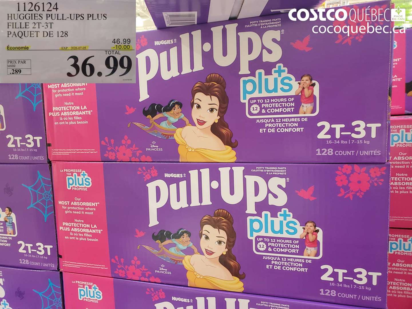 1126124 HUGGIES PULL-UPS PLUS FILLE 2T-3T PAQUET DE 128 ($10.00 INSTANT SAVINGS EXPIRES ON 2026-07-05) $36.99