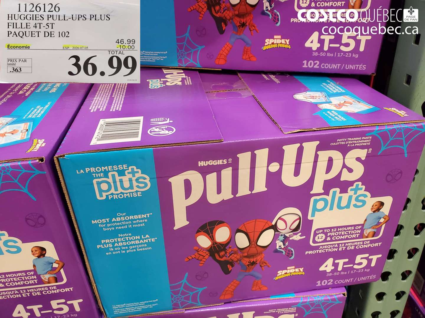 1126126 HUGGIES PULL-UPS PLUS FILLE 4T-5T PAQUET DE 102 ($10.00 INSTANT SAVINGS EXPIRES ON 2026-07-05) $36.99