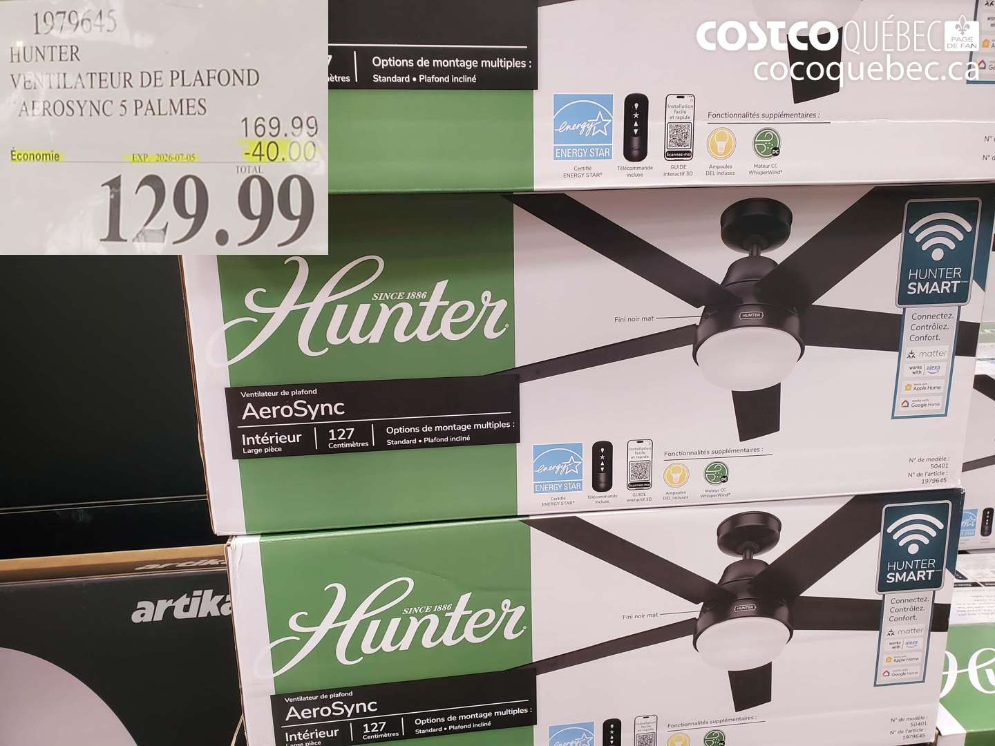 1979645 HUNTER VENTILATEUR DE PLAFOND AEROSYNC 5 PALMES ($40.00 INSTANT SAVINGS EXPIRES ON 2026-07-05) $129.99