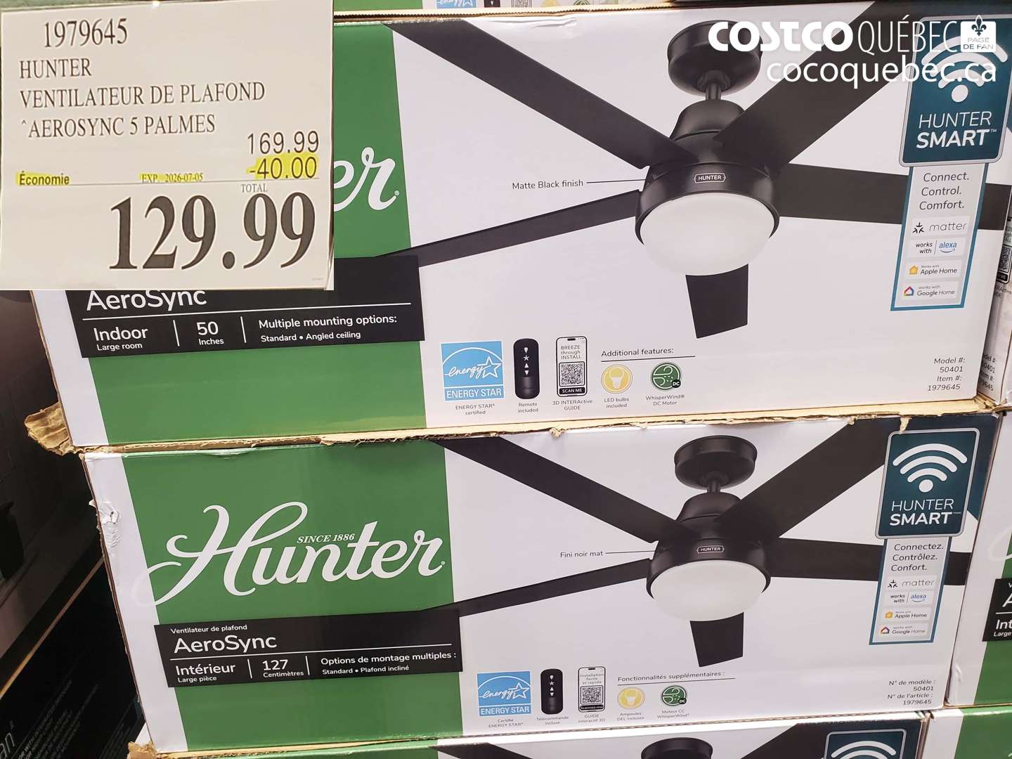 1979645 HUNTER VENTILATEUR DE PLAFOND AEROSYNC 5 PALMES ($40.00 INSTANT SAVINGS EXPIRES ON 2026-07-05) $129.99