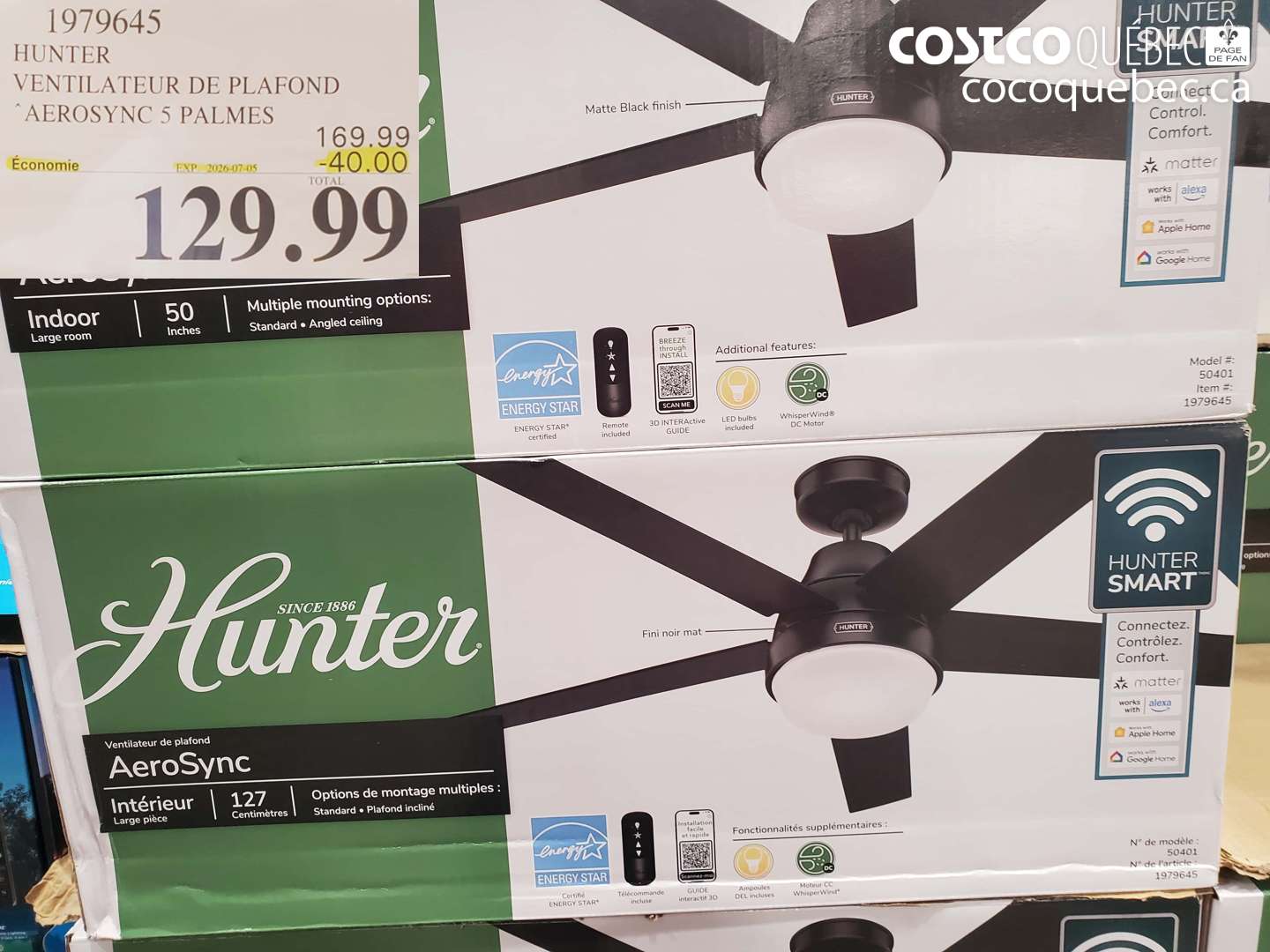 1979645 HUNTER VENTILATEUR DE PLAFOND AEROSYNC 5 PALMES ($40.00 INSTANT SAVINGS EXPIRES ON 2026-07-05) $129.99