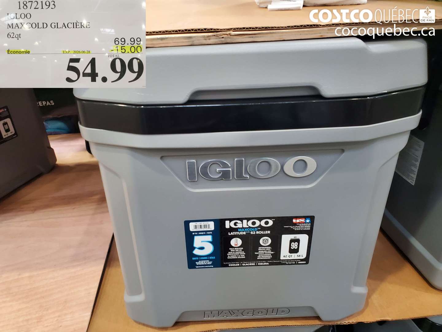 1872193 IGLOO MAXCOLD GLACIÈRE 62QT ($15.00 INSTANT SAVINGS EXPIRES ON 2026-06-28) $54.99