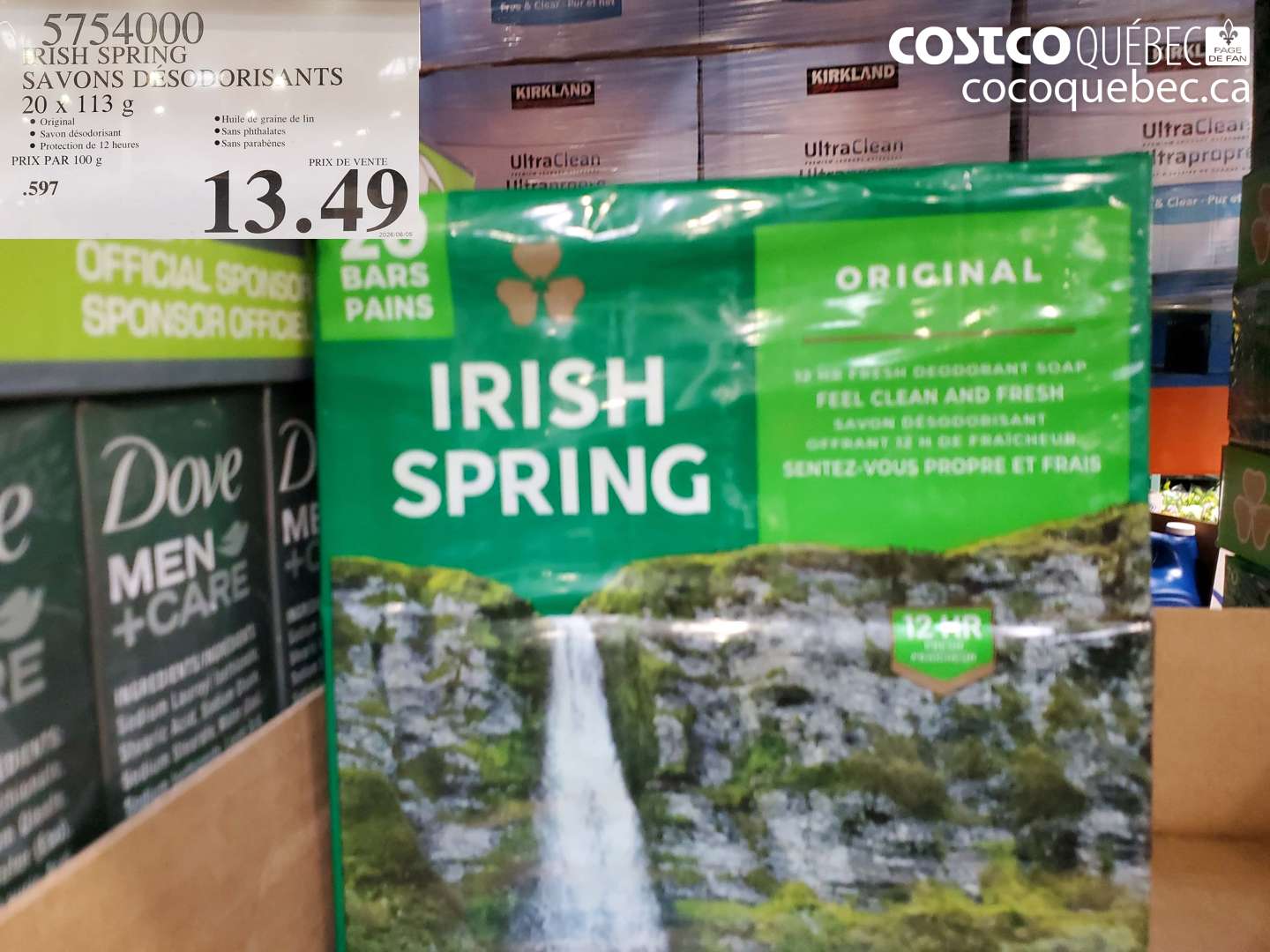 5754000 IRISH SPRING SAVONS DÉSODORISANTS 20 X 113 G $13.49
