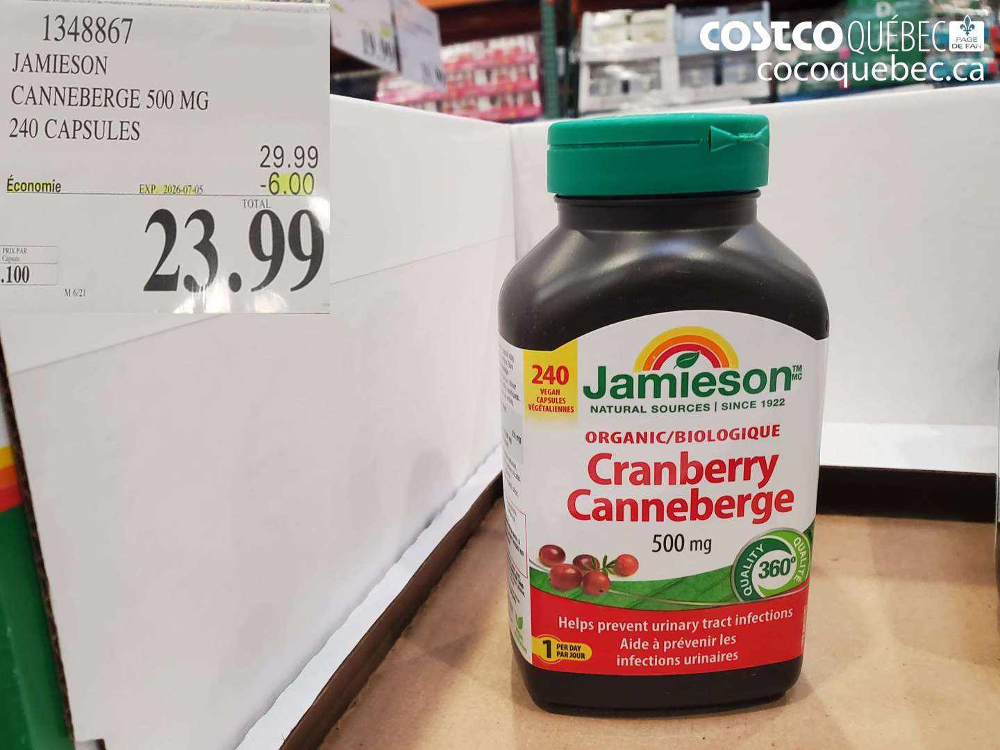 1348867 JAMIESON CANNEBERGE 500 MG 240 CAPSULES ($6.00 INSTANT SAVINGS EXPIRES ON 2026-07-05) $23.99