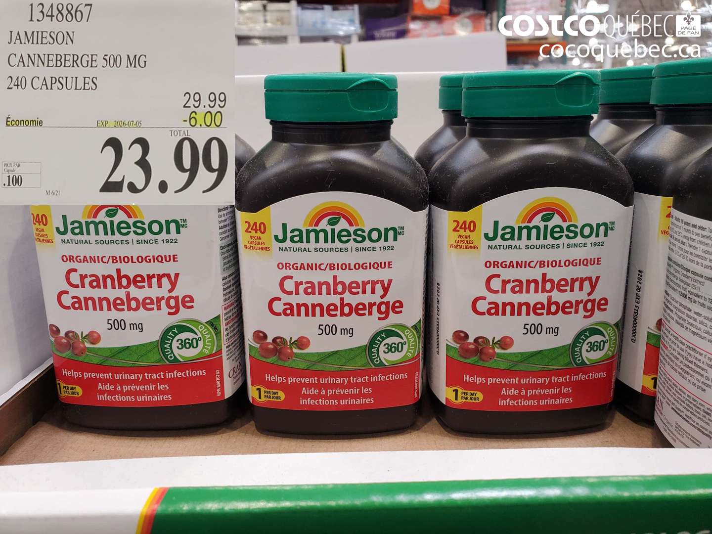 1348867 JAMIESON CANNEBERGE 500 MG 240 CAPSULES ($6.00 INSTANT SAVINGS EXPIRES ON 2026-07-05) $23.99