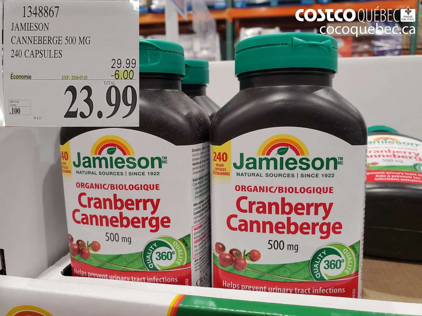 1348867 JAMIESON CANNEBERGE 500 MG 240 CAPSULES ($6.00 INSTANT SAVINGS EXPIRES ON 2026-07-05) $23.99