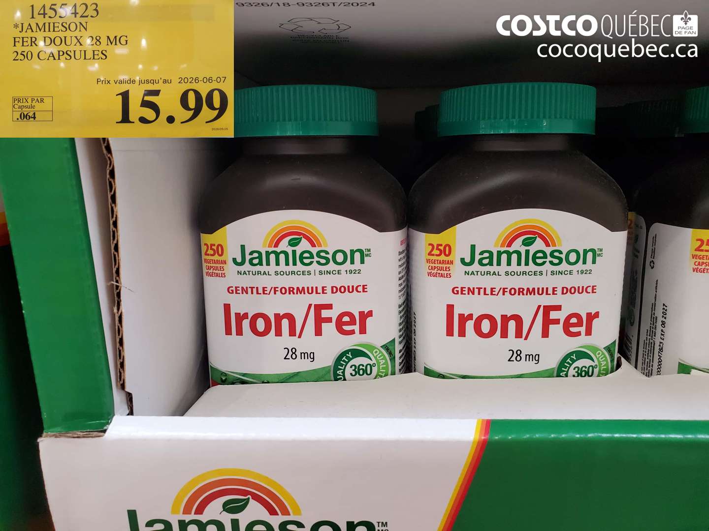 1455423 JAMIESON FER DOUX 28 MG 250 CAPSULES (EXPIRES ON 2026-06-07) $15.99
