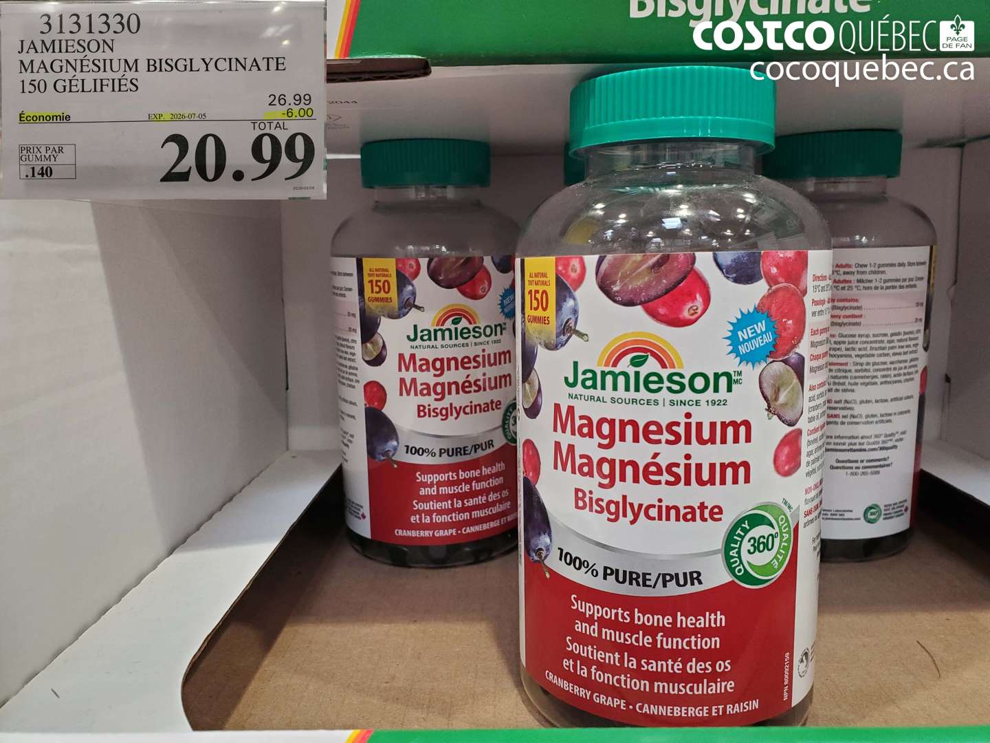 3131330 JAMIESON MAGNÉSIUM BISGLYCINATE 150 GÉLIFIÉS ($6.00 INSTANT SAVINGS EXPIRES ON 2026-07-05) $20.99