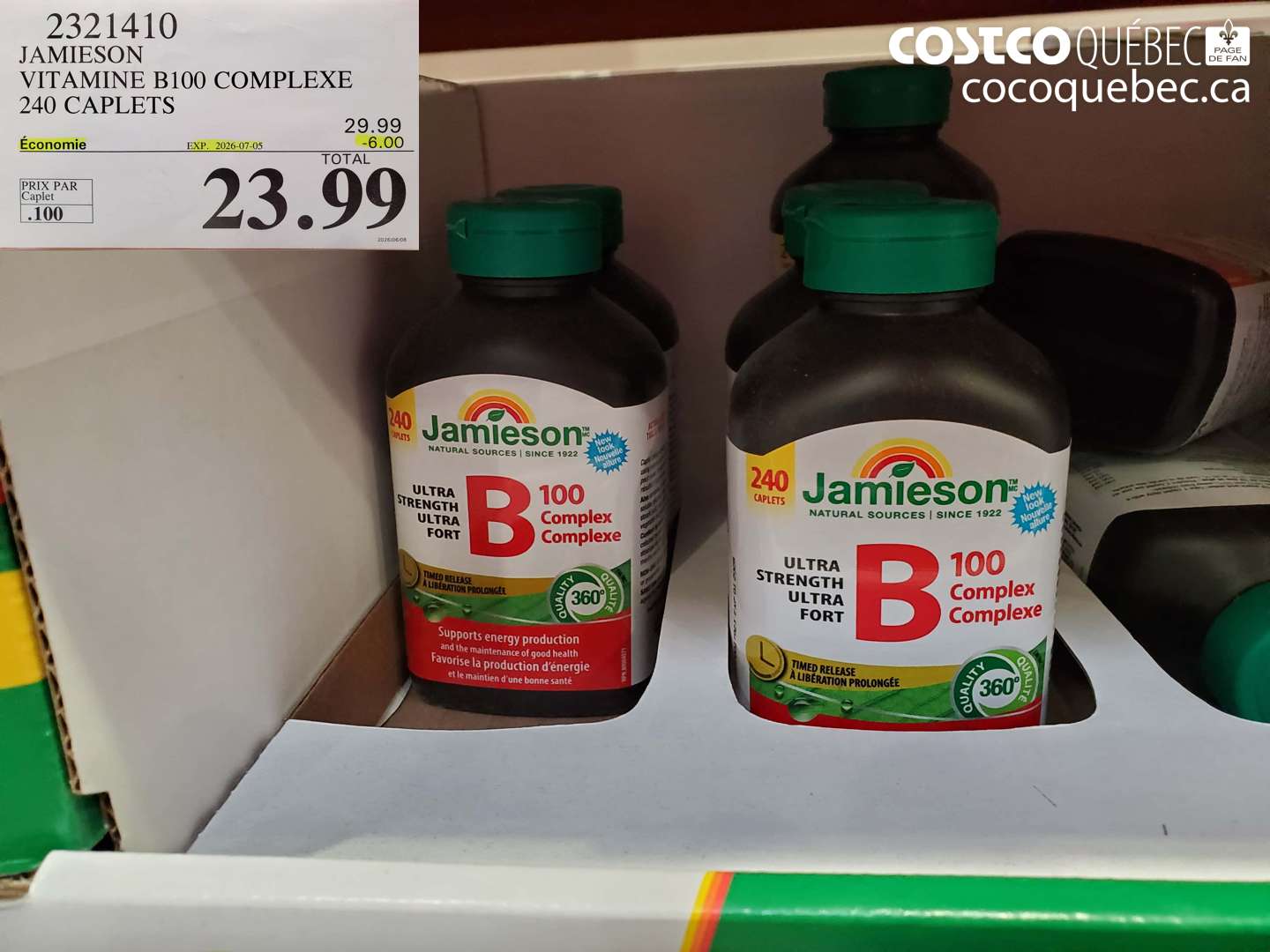 2321410 JAMIESON VITAMINE B100 COMPLEXE 240 CAPLETS ($6.00 INSTANT SAVINGS EXPIRES ON 2026-07-05) $23.99
