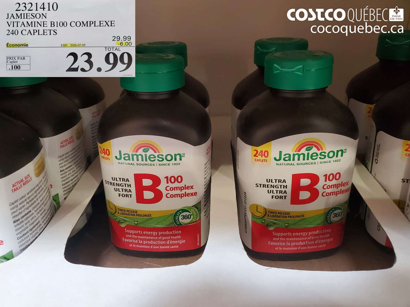 2321410 JAMIESON VITAMINE B100 COMPLEXE 240 CAPLETS ($6.00 INSTANT SAVINGS EXPIRES ON 2026-07-05) $23.99