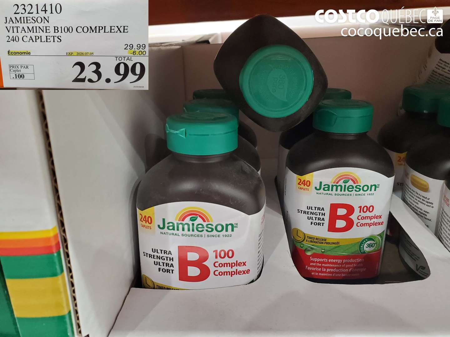 2321410 JAMIESON VITAMINE B100 COMPLEXE 240 CAPLETS ($6.00 INSTANT SAVINGS EXPIRES ON 2026-07-05) $23.99