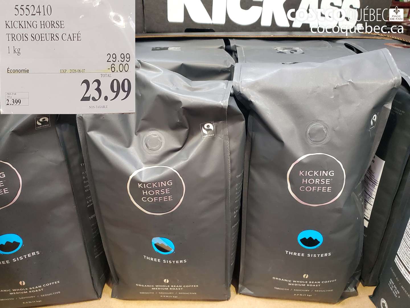 5552410 KICKING HORSE TROIS SOEURS CAFÉ 1 KG ($6.00 INSTANT SAVINGS EXPIRES ON 2026-06-07) $23.99