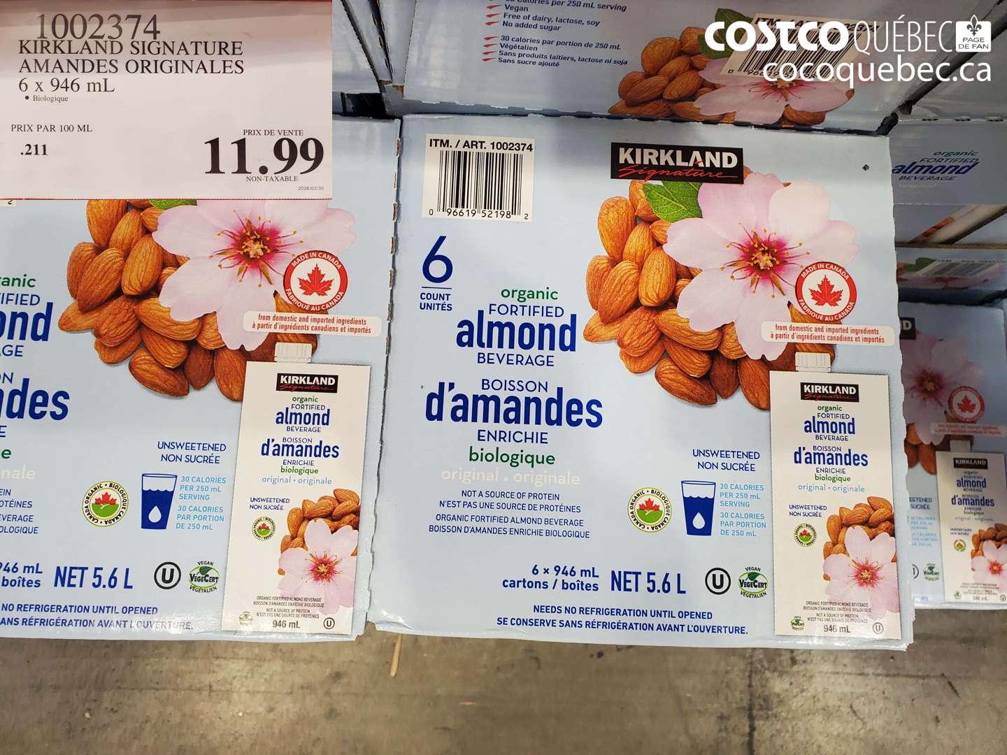 1002374 KIRKLAND SIGNATURE AMANDES ORIGINALES 6 X 946 ML $11.99