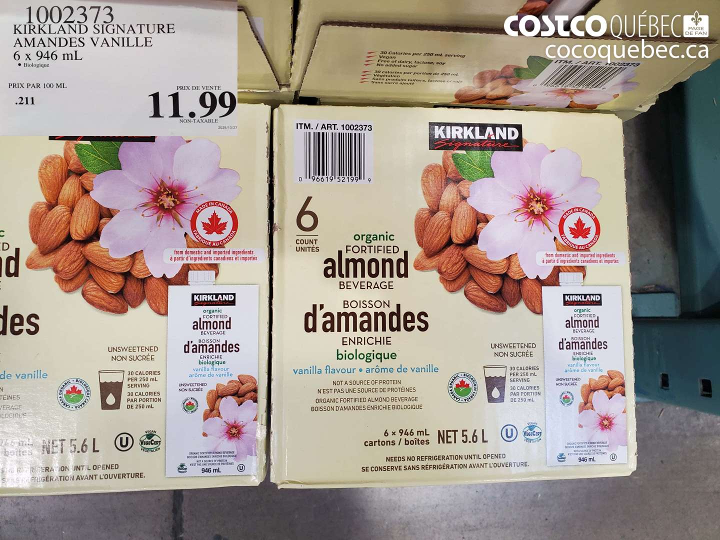 1002373 KIRKLAND SIGNATURE AMANDES VANILLE 6 X 946 ML $11.99