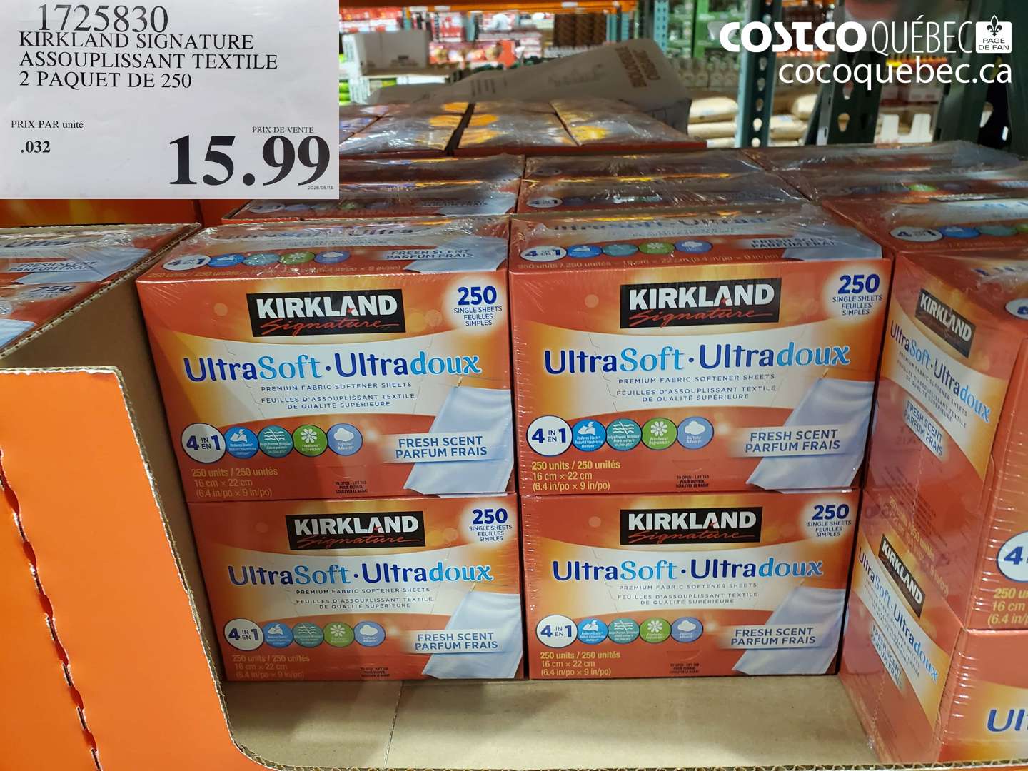 1725830 KIRKLAND SIGNATURE ASSOUPLISSANT TEXTILE 2 PAQUET DE 250 $15.99