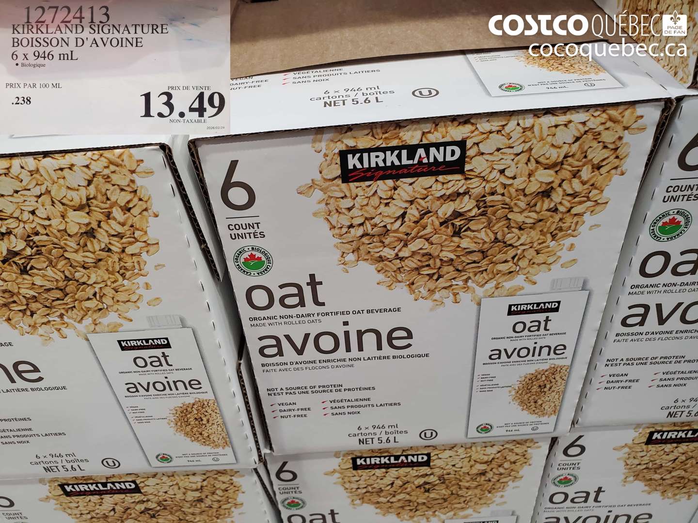 1272413 KIRKLAND SIGNATURE BOISSON D'AVOINE 6 X 946 ML $13.49