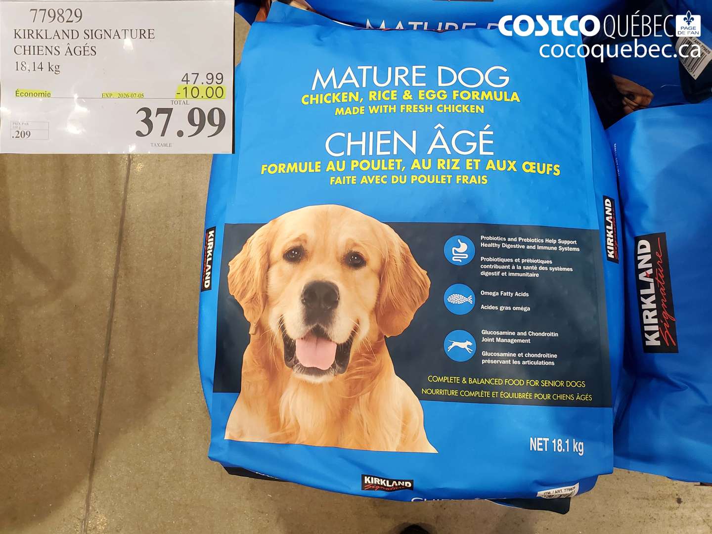 779829 KIRKLAND SIGNATURE CHIENS ÂGÉS 18.14 KG ($10.00 INSTANT SAVINGS EXPIRES ON 2026-07-05) $37.99